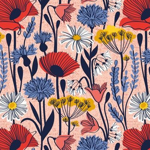 Small scale // Wild field // rose background neon red orange shade poppies white daisies denim blue cornflower coral bluebells yellow fennel flowers and other wild flowers meadow plants oxford navy blue line contour
