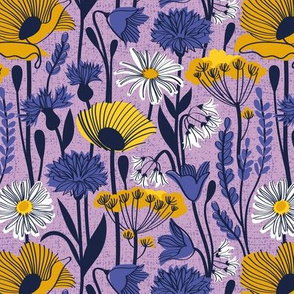 Small scale // Wild field // lilac background yellow poppies and fennel flowers white daisies blue cornflower bluebells and other wild flowers meadow plants oxford navy blue line contour