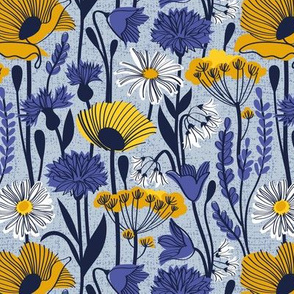 Small scale // Wild field // pastel blue background yellow poppies and fennel flowers white daisies blue cornflower bluebells and other wild flowers meadow plants oxford navy blue line contour