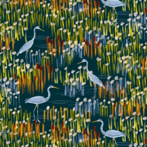 Great Herons in Wild Grasses by the River