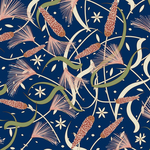 Prairie Scatter- Wild Grasses Foxtail Barley Meadow Foxtail in Redwood Salmon Pink Isabelline Artichoke on Indigo Blue- Large Scale
