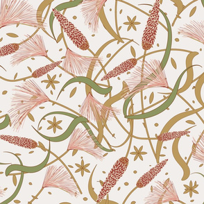 Prairie Scatter- Wild Grasses Foxtail Barley Meadow Foxtail in Redwood Salmon Pink Gold Artichoke on Isabelline Pale Cream Beige- Large Scale