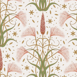 Prairie Nouveau- Wild Grasses Foxtail Barley Meadow Foxtail in Redwood Salmon Pink Gold Artichoke on Isabelline Pale Cream Beige- Extra Large Scale
