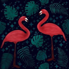 Flamingos on a date/dark 8”x8”