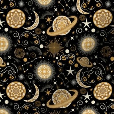 Galaxy Mandala- Bohemian Space Adventure- Goldenrod Isabelline Honey on Black- Small Scale