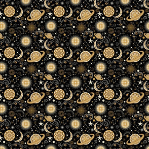 Galaxy Mandala- Bohemian Space Adventure- Goldenrod Isabelline Honey on Black- Small Scale