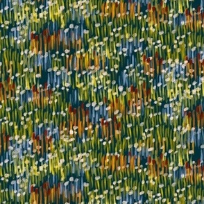 Small Wild Riverside Flowers Painting in Teal Blue Green Yellow Orange