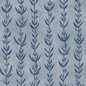Bamboo Shoots in Indigo Blue | Block printed leaves pattern on gray linen texture, bamboo fabric, plant fabric, botanical print.