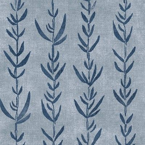 Bamboo Shoots in Indigo Blue (large scale) | Block printed leaves pattern on gray linen texture, bamboo fabric, plant fabric, botanical print.