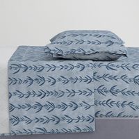 Bamboo Shoots in Indigo Blue (xl scale) | Block printed leaves pattern on gray linen texture, bamboo fabric, plant fabric, botanical print.