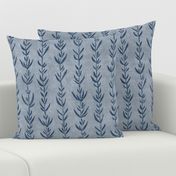 Bamboo Shoots in Indigo Blue (xl scale) | Block printed leaves pattern on gray linen texture, bamboo fabric, plant fabric, botanical print.