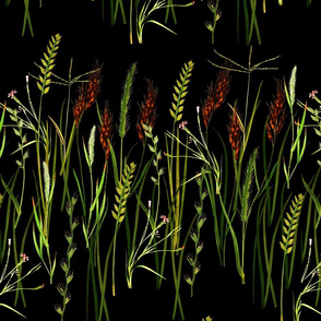 Vintage botanicals wild grasses rows black