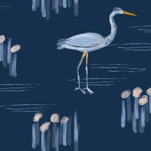 Large Great Herons Birds by the river side Pastel Blue on Navy Blue