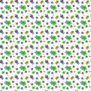 Lime Green-Medium Purple-Dark Orange Flowers with Black leaves and Dots on a white (unprinted) background