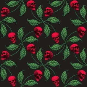 ★ ROCKABILLY CHERRY SKULL ★ Red + Classic Green - Large Scale / Collection : Cherry Skull - Rock 'n' Roll Old School Tattoo Prints