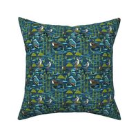 Kingfisher, heron and dipper on the river 5” repeat deep teal blue, turquoise, greens