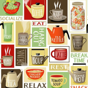 Earthy Geometric Kitchen // Typography // Coffee Pot, Coffee Mug, Tea Pot, Tea Kettle, Tea Cup, Soup Bowls, Bread Bowl // Coffee and Cream, Mocha, Espresso Brown, Green, Red, Red-Orange, Yellow, Mustard Yellow, Ecru, Brown, Beige, Black and White // V2