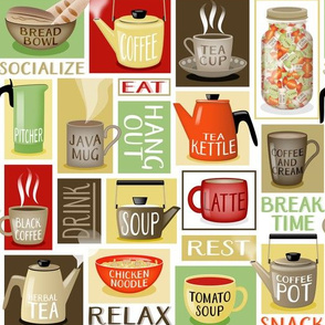 Earthy Geometric Kitchen // Typography // Coffee Pot, Coffee Mug, Tea Pot, Tea Kettle, Tea Cup, Soup Bowls, Bread Bowl // Coffee and Cream, Mocha, Espresso Brown, Green, Red, Red-Orange, Yellow, Mustard Yellow, Ecru, Brown, Beige, Black and White