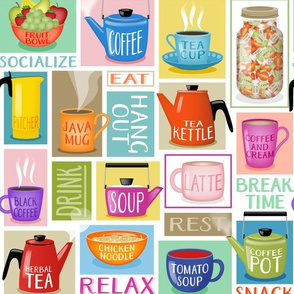 Colorful Geometric Kitchen // Typography // Coffee Pot, Coffee Mug, Tea Pot, Tea Kettle, Tea Cup, Soup Bowls, Fruit Bowl // Coffee and Cream, Mocha, Espresso Brown, Green, Red, Red-Orange, Yellow, Mustard Yellow, Ecru, Brown, Beige, Black and White