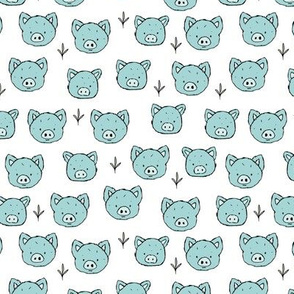 Little piggy friends cute pig faces and grass kids animal farm theme boys blue on white 
