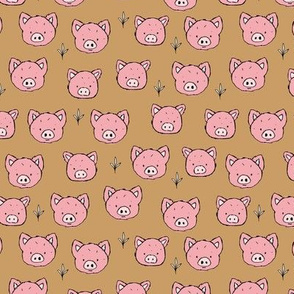 Little piggy friends cute pig faces and grass kids animal farm theme caramel burnt orange pink 