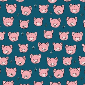 Little piggy friends cute pig faces and grass kids animal farm theme sea blue pink 