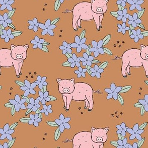 Summer piggy blossom garden sweet girls pig design spring nursery lilac pink mint on cinnamon burnt orange caramel