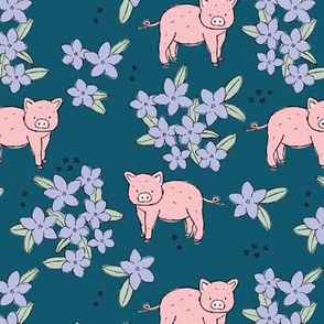 Summer piggy blossom garden sweet girls pig design spring nursery lilac pink mint on sea blue 