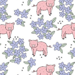 Summer piggy blossom garden sweet girls pig design spring nursery lilac pink mint on white 