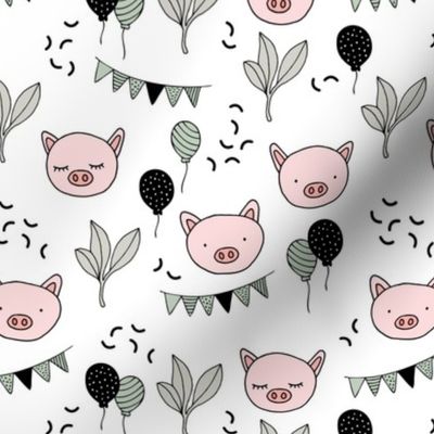 Piggy birthday party with garland and balloons cute pig friends kids design soft pink mist green on white 