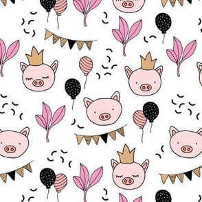 Piggy royal princess birthday party with garland and balloons cute pig friends kids design girls pink golden yellow on white