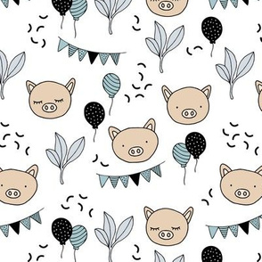 Piggy birthday party with garland and balloons cute pig friends kids design neutral soft beige mist blue on white