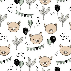 Piggy birthday party with garland and balloons cute pig friends kids design soft beige mist green on white