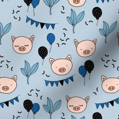 Piggy birthday party with garland and balloons cute pig friends kids design blue boys 