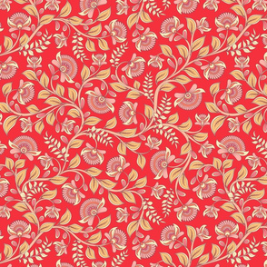 Red Salmon Kalamkari Coordinate Floral 