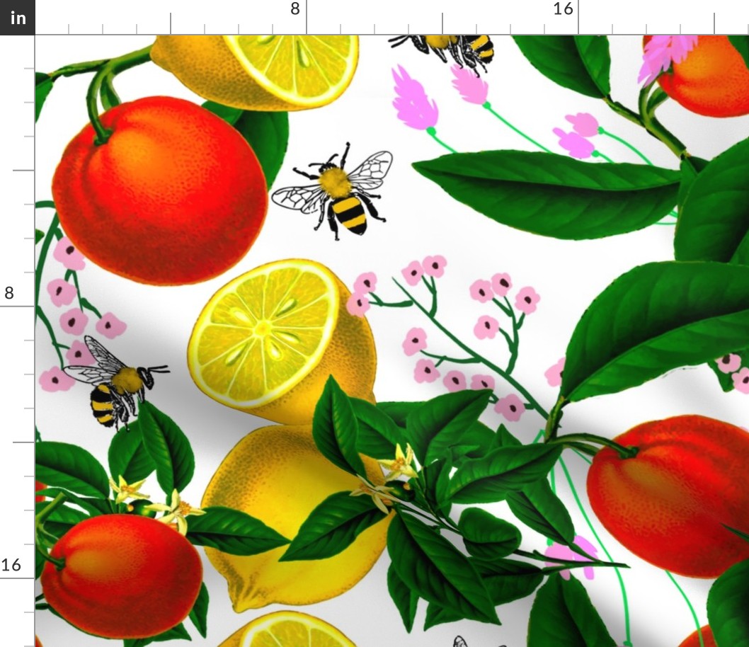 Summer, citrus, oranges, bees ,Mediterranean style ,lemon fruit pattern 