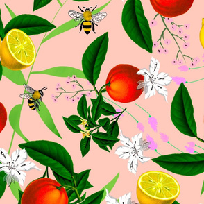 Summer, citrus,oranges, bees ,Mediterranean style ,lemon fruit patter