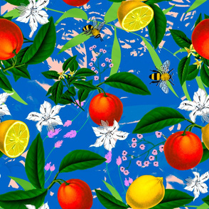 Summer, citrus,oranges, bees ,Mediterranean style ,lemon fruit pattern 
