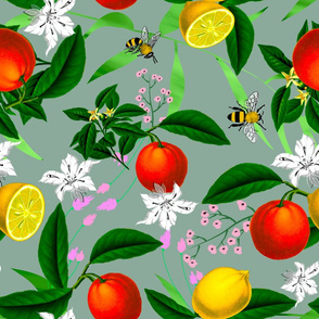 Summer, citrus,oranges,bees ,Mediterranean style ,lemon fruit pattern 