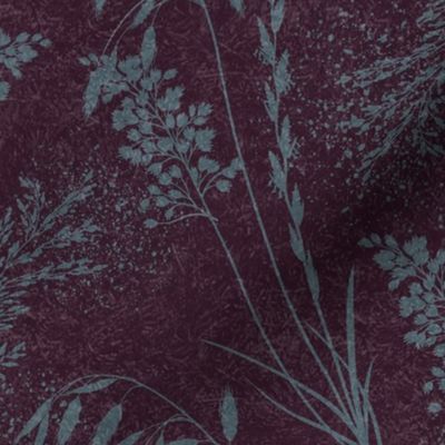 Wild Grasses & Pollen-Smoky Blue Silhouette On Aubergine