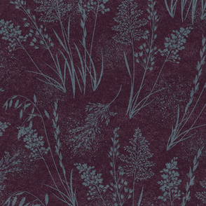 Wild Grasses & Pollen-Smoky Blue Silhouette On Aubergine
