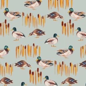 Small Ducks and Cattails on Light Green Mallards Birds and Typha 