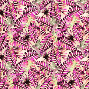 Pink Tropical Watercolor Palm Leaf Pattern Smaller Scale