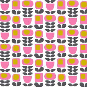 Retro Flowers - Pink, Gray & Olive On White