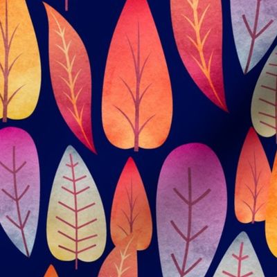 Large Scale - Autumn Watercolor Leaves - Dark Navy Background