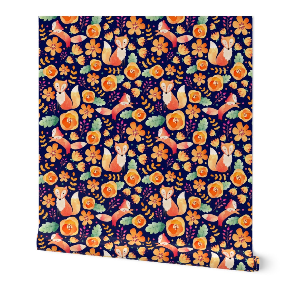 Large Scale - Floral Fox Friends - Navy Background