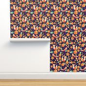 Large Scale - Floral Fox Friends - Navy Background