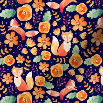 Medium - Floral Fox Friends - Dark Navy Background
