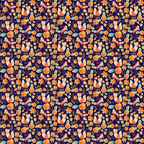 Small Scale - Floral Fox Friends - Dark Navy Background