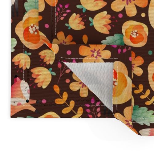 Large Scale - Floral Fox Friends - Brown Background